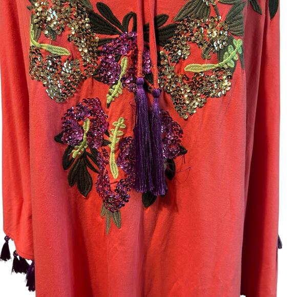 Roamans Top Poncho NWOT 3X 30/32 Embroidery Sequins Tassel Tie Art to Wear - Picture 3 of 9